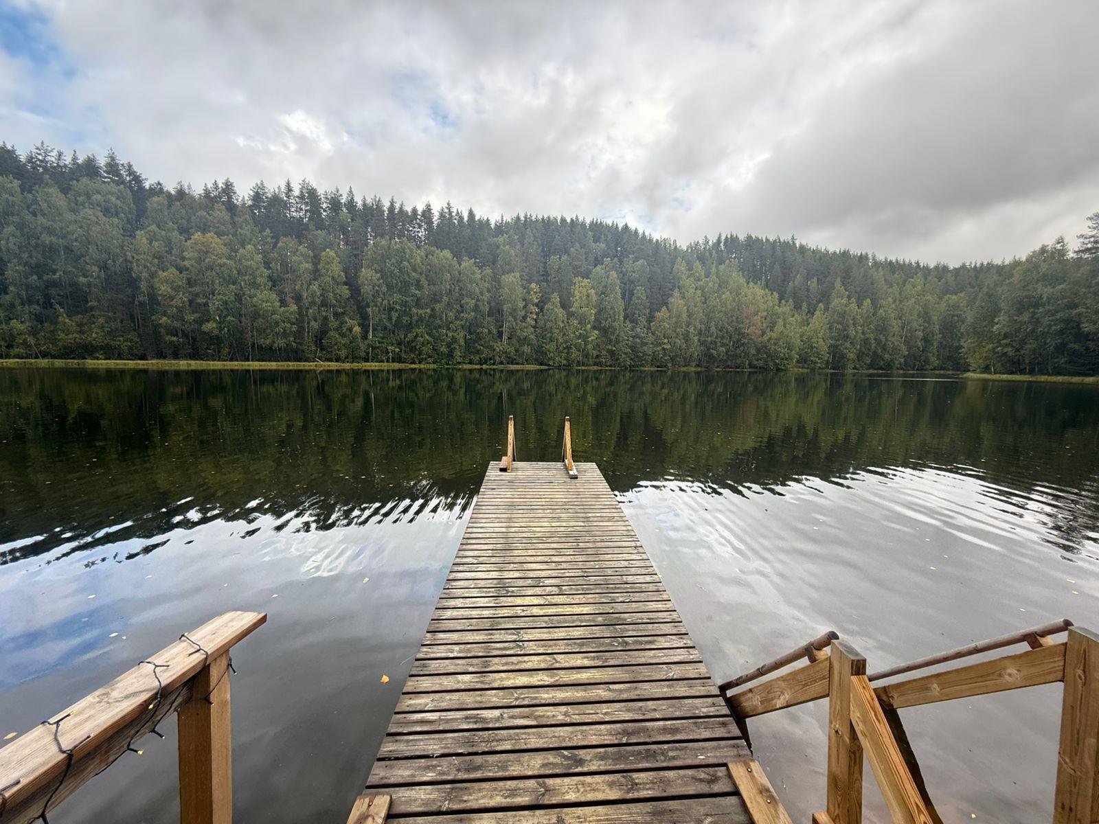 Wooden pier on a forest lake at Lykynlampi